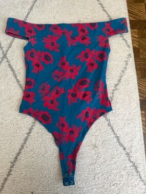 Free People Teal Blue Off-Shoulder Floral Bodysuit with Pink Red Flowers